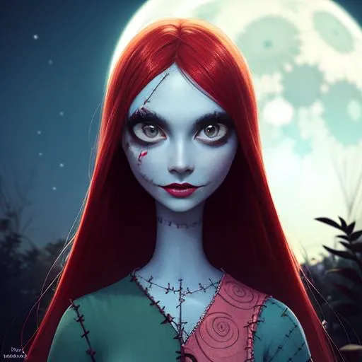 Sally, colored skin,stitches,long red hair,stitched face, lips,makeup, small pupils, smile , solo standing, big eyes, close up, upper body,
SalDre,dress,underwear,
garden, night time, dead plants, moonlight,
(insanely detailed, beautiful detailed face, masterpiece, beautiful detailed eyes, best quality) <lora:Sally:0.8>
