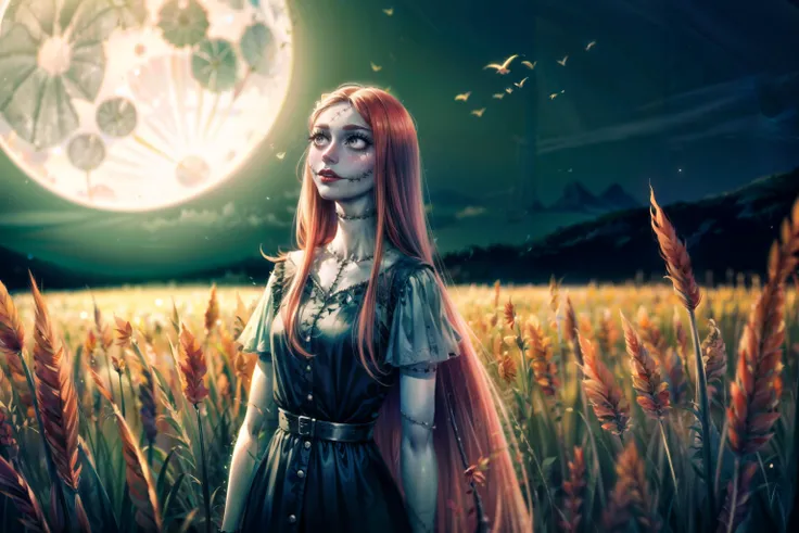 ((best quality)), ((masterpiece)), (detailed), <lora:add_detail:1>,(detailed eyes:1.1), <lora:detailed_eye:0.5>, (Sally, SalDre), <lora:Sally:0.7>, dress,colored skin,stitches,long red hair,stitched face, moonlight, dead flowers, dead cornfield, haunted, glowing, luminescent, vibrant colors,