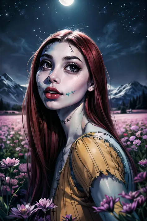 (best quality, masterpiece, perfect face, beautiful and aesthetic:1.2, colorful), (cowboy shot:1.3), (Sally, stitches, red hair, stitched mouth, red lips, black eyes), <lora:Sally-10v8:1>, (detailed), <lora:add_detail:1>, (official art, extreme detailed, highest detailed), (night, outdoors, flower field)