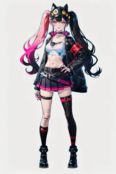-zoe\(palworld\), 1girl, solo, open clothes, belt, looking at viewer, long hair, open jacket, midriff, black jacket, skirt, crop top, twintails, thighhighs, jacket, choker, black choker, shirt, long sleeves, breasts, ring, multicolored hair, socks, thighs, miniskirt, hat, torn clothes, white shirt, pleated skirt, black footwear, white background, black hair, jewelry, full body, black skirt, navel, standing, collarbone, simple background, parted lips, baseball cap, boots, stomach, pink eyes, nail polish, medium breasts, gradient hair, black headwear, holding, zettai ryouiki, asymmetrical legwear, single thighhigh, striped, orange hair, skull, mole, armband, cropped jacket, high-waist skirt, bandaid, kneehighs, thigh strap<lora:zoe Palworld_20240126194346:0.8>,