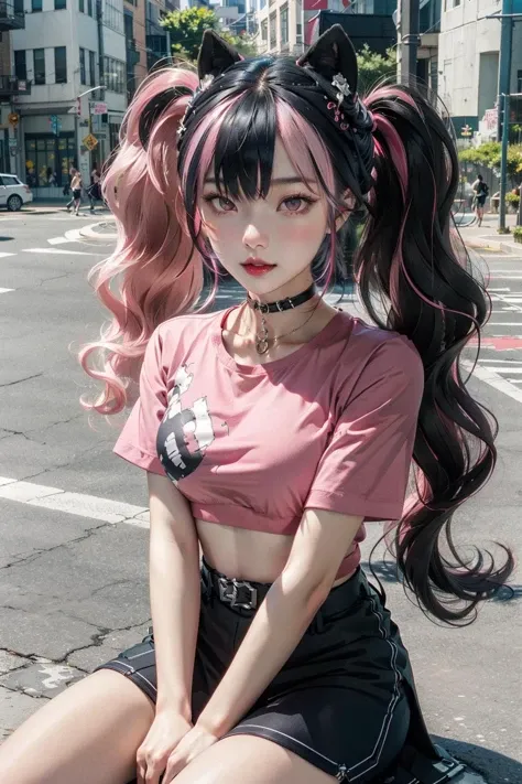 zoe\(palworld\),1girl,solo,twintails,pink hair,black hair,
sitting,outdoor,street,
<lora:zoe Palworld_20240126194346:0.8>,