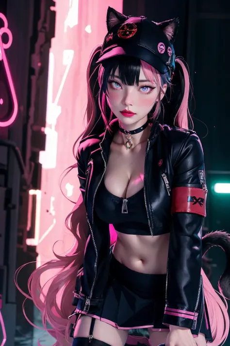 <lora:zoe Palworld_20240126194346:0.8>, zoe(palworld), best quality, masterpiece, illustration, realistic, photo-realistic, amazing, finely detail, incredibly absurdres, huge filesize, ultra-detailed, highres, extremely detailed CG unity 8k wallpaper, nsfw, A cute woman with pink irises and black pupils, black choker, pink and black twin tails, red and black split bangs, blushing cheeks, pink lipstick, black eyeliner, torn crop top and skirt showing cleavage, midriff and thigh, red armband, black unzipped jacket with silver zipper in front, multicolored hair, wearing a hat with cute badges and two cat ear-like triangles on top, side locks of hair next to her cheeks, black fingernails. She also has a black garter belt on her right thigh. She is standing with a neutral expression in a dark space with dim blue neon lighting in the background. The left thigh high sock is ripped, pink and black gradient. The right knee sock is red and blue stripes.