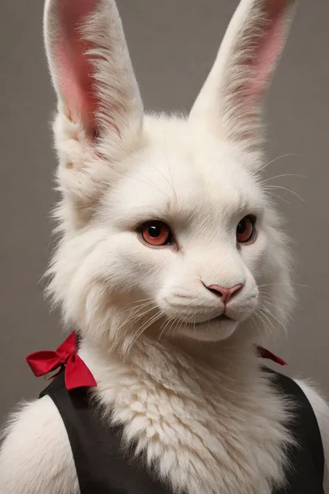 detailed face eyes and fur, RAW Photo, realistic, 1girl, solo, rabbit girl, clothed, body fur, white rabbit, white fur, detailed fluffy fur, looking at viewer, red eyes, black dress, upper body