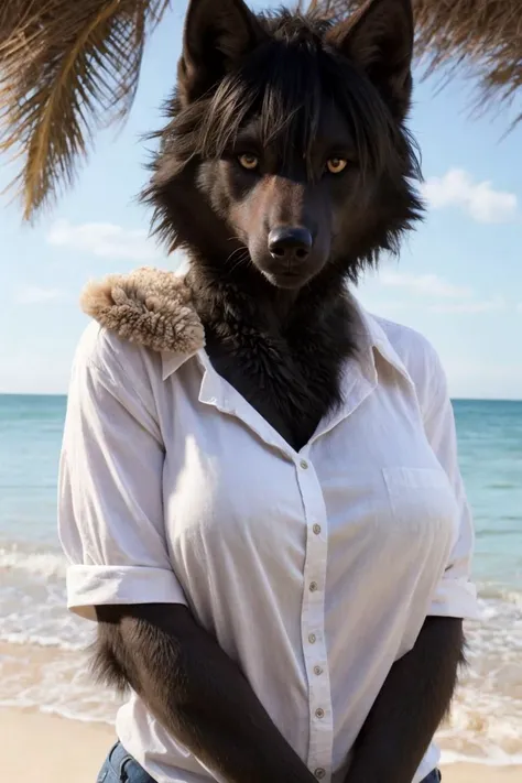 RAW Photo, realistic, 1girl, solo, furry, anthro, (detailed fluffy fur)1.3, wolf girl, short hair, black wolf, black hair, black fur, body fur, yellow eyes, jewerly, clothed, white shirt, huge breasts, upper body, looking at viewer, detailed face eyes and fur, sfw, beach