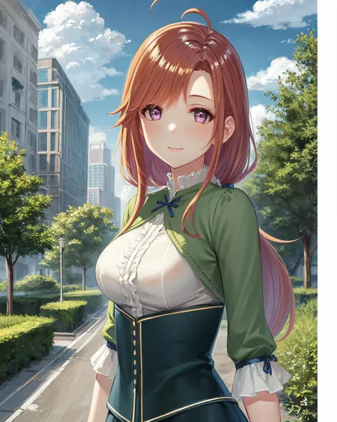 best quality, (masterpiece:1.2), illustration, absurdres, <lora:deluster2:-1>, <lora:hairdetailer:0.5>, <lora:boldline:-1>, <lora:flat2:0.7>,
(1girl, solo, beautiful detailed girl), (upper body, portrait),
<lora:FionaCraig:0.9>, Fiona Craig, long hair, red hair, low-tied long hair,, ahoge, purple eyes, medium breasts
green dress, ruffles, corset, black pantyhose, brown boots,
(smile:0.8), looking at viewer,
park, city, tall buildings, street, tree, sky, clouds, day, running,