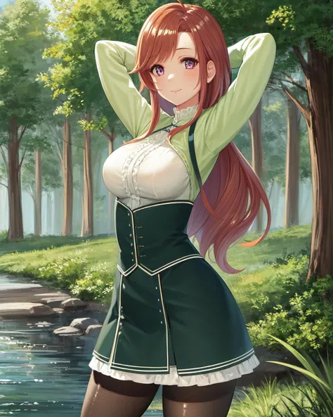 best quality, (masterpiece:1.2), illustration, absurdres, <lora:deluster2:-1>, <lora:hairdetailer:0.5>, <lora:boldline:-1>, <lora:flat2:0.7>,
(1girl, solo, beautiful detailed girl), cowboy shot,
<lora:FionaCraig:0.9>, Fiona Craig, long hair, red hair, low-tied long hair,, ahoge, purple eyes, medium breasts
green dress, ruffles, corset, black pantyhose, brown boots,
(smile:0.8), looking at viewer,
pine forest, scandinavian forest, river, rocks, arms up,