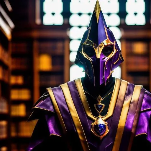 DREAD horror <lora:NortromSilencer:1> NortromSilencer, man, pointed purple helmet with gold accents, high detailed skin, 8k uhd, dslr, high quality, film grain, Fujifilm XT3, HD, Sharp focus, blue eyes, gold and purple robes, zoomed out, long shot, in an old library, dark, lots of books,