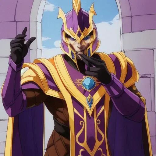 (80s anime style) <lora:NortromSilencer:0.9> NortromSilencer man in a castle, blue eyes, purple and gold armored robes, no helmet, black hair, purple and gold shield, detailed, high budget, clean lines