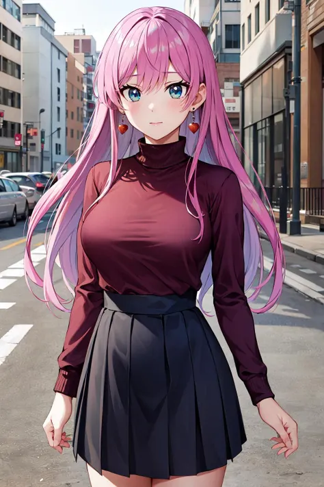 masterpiece, best quality, highres, aaakari, long hair, earrings, medium breasts, sweater, turtleneck, high-waist skirt, standing, cowboy shot, street,