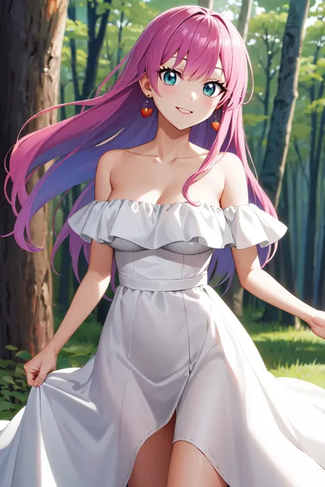masterpiece, best quality, highres, aaakari, long hair, earrings, medium breasts, strapless, off shoulder, white dress, <lora:watanabe_akari_v1:0.7>, forest, , smile, standing