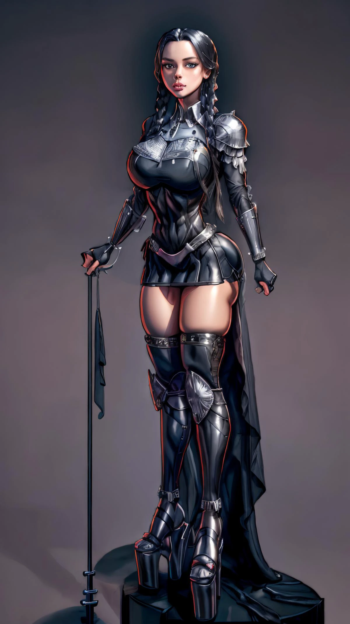 masterpiece, best quality, 1girl, standing, full body, looking at viewer, <lora:more_details:0.8> (platform heels) ,<lora:wednesday_addams-10:0.8> wednesday_addams, black hair , <lora:th3p1t_v3:0.8> th3p1t <lora:KnightT:0.8> KnightT, armor