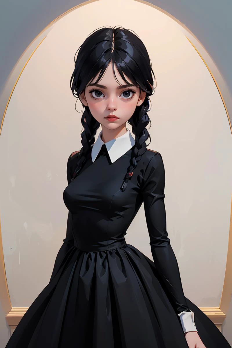 (masterpiece, best quality), 1girl, <lora:wednesday_addams:1> wednesday_addams, dress, black dress