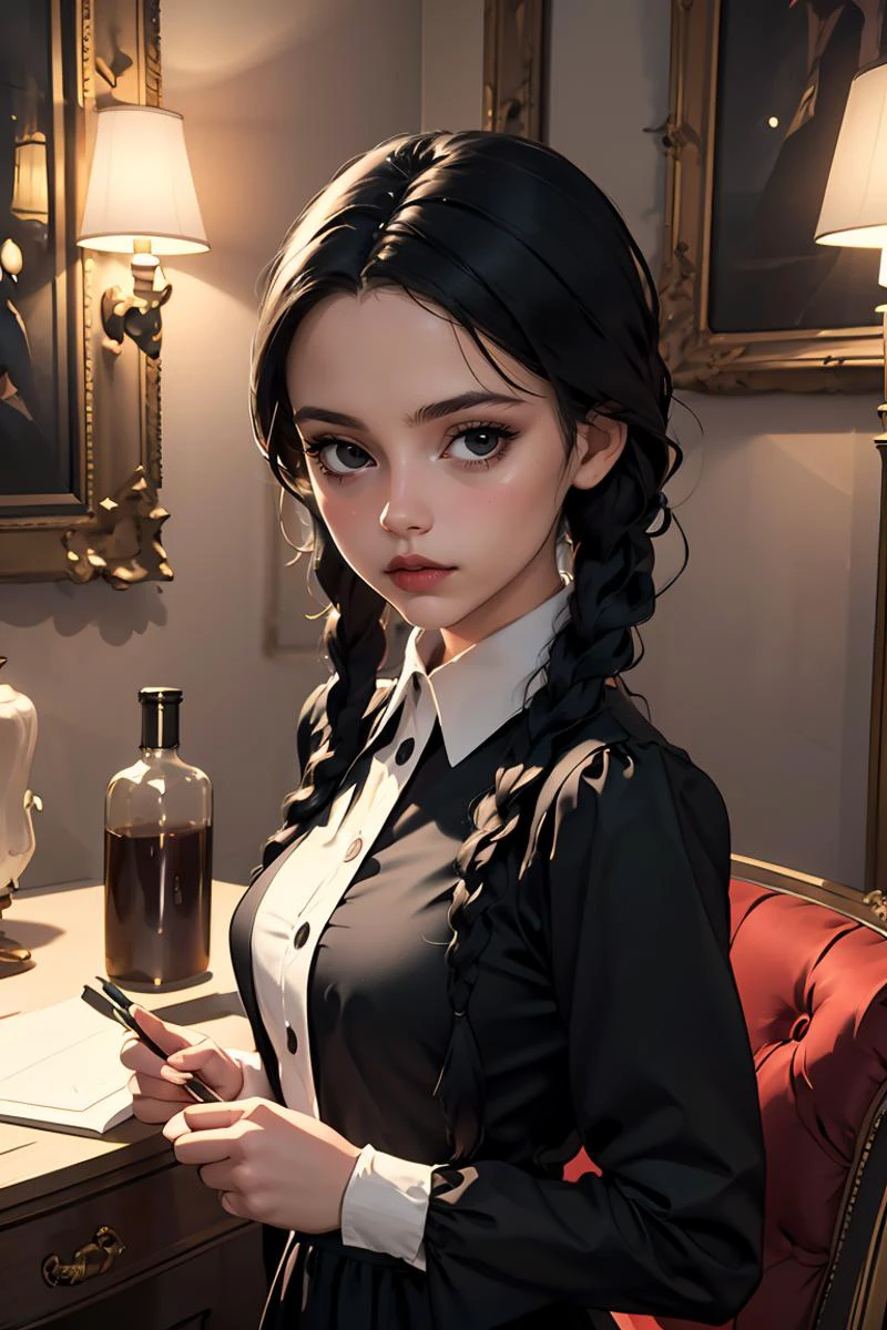 (masterpiece, best quality), 1girl, <lora:wednesday_addams:1> wednesday_addams, dress, black dress