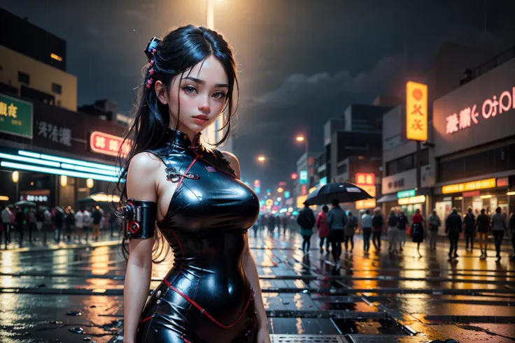 ((best quality)), ((masterpiece)), (detailed), realistic, ultrarealistic, hyperrealistic, masterpiece, 8k, official art, absurdres, highres, high quality, ultra detailed, beautiful and aesthetic,
futurism, technology, city, night, rain,
(1girl:1.5), <lora:AI_hh-ka:0.75> , cyberpunk, chinese clothes, cheongsam, mechanical parts,