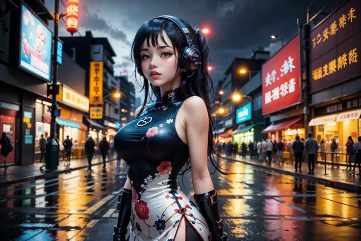 ((best quality)), ((masterpiece)), (detailed), realistic, ultrarealistic, hyperrealistic, masterpiece, 8k, official art, absurdres, highres, high quality, ultra detailed, beautiful and aesthetic,
futurism, technology, city, night, rain,
(1girl:1.5), <lora:AI_hh-ka:0.75> , cyberpunk, chinese clothes, cheongsam, mechanical parts,