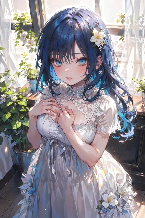 masterpiece,best quality,style_onineko,1girl,solo,from above,(depth of field),looking at viewer,blue hair,long hair,hair flower,white flower,blue eyes,blush,parted lips,light smile,lace-trimmed dress,white dress,(hands on own chest),indoors,window,curtains,<lora:style_onineko_v2:0.7>,