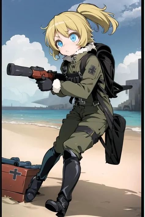 ((masterpiece)), (best quality), (detailed), (1 girl),<lora:12E 16Dim Locon Cosine3:0.8>, <lora:tanyaDegurechaffLora_v1:0.8>,TanyaTheEvil, blonde hair, blue eyes, closed mouth, short hair, ponytail, buttons, beach, backpack, crazy eyes, uniform, black gloves, full body, overalls, boots, fur trim, jacket, cloudy sky, falling, floating,gun, cross, holding gun, iron cross