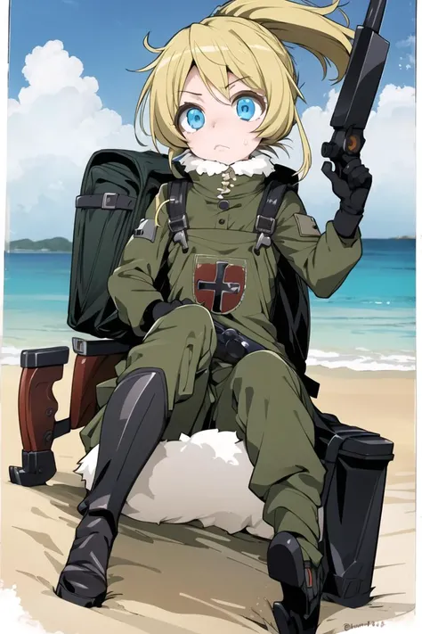 ((masterpiece)), (best quality), (detailed), (1 girl),<lora:12E 16Dim Locon Cosine3:0.8>, <lora:tanyaDegurechaffLora_v1:0.8>,TanyaTheEvil, blonde hair, blue eyes, closed mouth, short hair, ponytail, buttons, beach, backpack, crazy eyes, uniform, black gloves, full body, overalls, boots, fur trim, jacket, cloudy sky, falling, floating,gun, cross, holding gun, iron cross