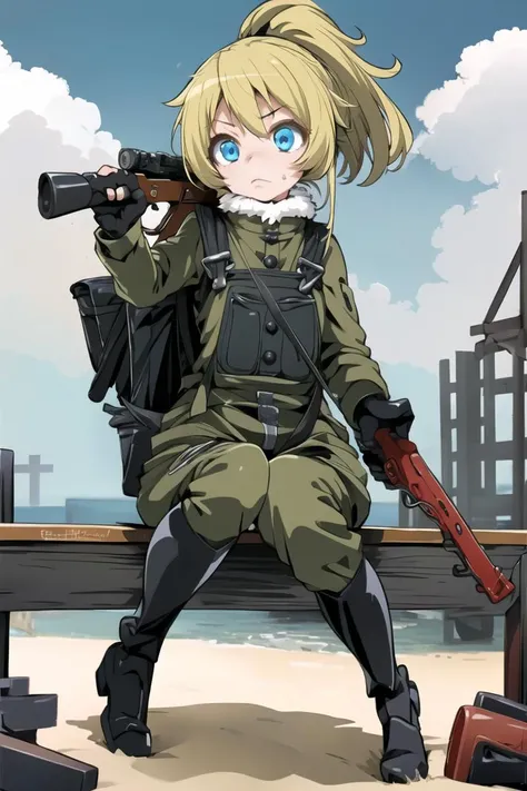 ((masterpiece)), (best quality), (detailed), (1 girl),<lora:12E 16Dim Locon Cosine3:0.8>, <lora:tanyaDegurechaffLora_v1:0.8>,TanyaTheEvil, blonde hair, blue eyes, closed mouth, short hair, ponytail, buttons, beach, backpack, crazy eyes, uniform, black gloves, full body, overalls, boots, fur trim, jacket, cloudy sky, falling, floating,gun, cross, holding gun, iron cross