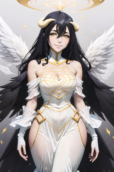 focused to upper body, realistic, 1girl, long black hair, sparkling yellow eyes, white dress, standing pose, tomb background, horn, perfect limbs,