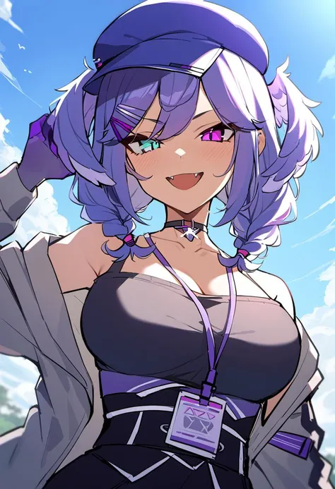 rating: general, (<lora:Selen_Tatsuki_SDXL:.9>,1girl, solo, selen tatsuki, braid, twin braids, black sweater, smile, collarbone, fangs, sweater, open mouth, lanyard, hairclip, hair ornament, medium hair, bangs) hybrid with (dokibird, <lora:dokibird:.9>, 1girl, blue headwear, breasts, choker, cleavage, cloud, grey jacket, hat, jacket, long hair, looking at viewer, medium breasts, open clothes, open jacket, outdoors, smile, solo, twintails, underbust, upper body, virtual youtuber, ), masterpiece, best quality
