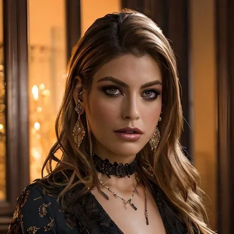 (masterpiece:1.2), (best quality,:1.2), 8k, HDR, ultra detailed, ((photorealistic)), professional light, cinematic lighting, fashion photography, ambient lighting, face lighting, Bridgette, <lora:Bridgette-10:1>, earrings, choker, necklace, messy and long hair, dark makeup, dynamic pose, looking at viewer, <lora:detail_slider_v4:2.5>, ((portrait shot)),