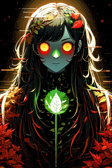 (thriller theme,:1.3),
good detailed, (glowing background),
, masterpiece, best quality, wide-angle Hyperdetailed, masterpiece, 8k, natural lighting, soft lighting, sunlight, HDR (High Dynamic Range), Maximum Clarity And Sharpness, Multi-Layered Textures,
looking at viewers,close to viewers,night,unholy,
1 girl,upper body,perfect detailed eyes and face,frown,skulls and bones theme's dressing,
(glowing eyes,messy long hair:1.5),
lens flare,light leaks, <lora:Glitching:1> glitching <lora:LeafArt_v1_R32:0.8> (leafart, leaf:1.4)