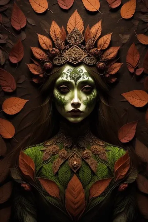 woman in a mythical forest, masterpiece, perfect face, intricate details, horror theme <lora:LeafArt_v1_R32:1> leafart, leaf,