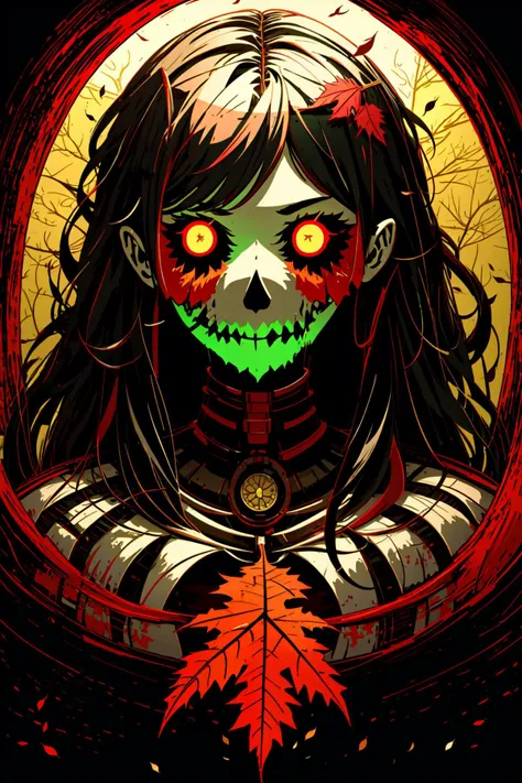 (thriller theme,:1.3),
good detailed, (glowing background),
, masterpiece, best quality, wide-angle Hyperdetailed, masterpiece, 8k, natural lighting, soft lighting, sunlight, HDR (High Dynamic Range), Maximum Clarity And Sharpness, Multi-Layered Textures,
looking at viewers,close to viewers,night,unholy,
1 girl,upper body,perfect detailed eyes and face,frown,skulls and bones theme's dressing,
(glowing eyes,messy long hair:1.5),
lens flare,light leaks, <lora:Glitching:1> glitching <lora:LeafArt_v1_R32:0.8> (leafart, leaf:1.4) <lora:BoneyardAI:0.4> BoneyardAI