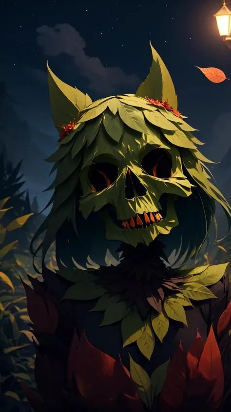 (masterpiece, best quality:1.1), (leafart, leaf:1.2), (skull:1.1), teeth, no humans, sharp teeth, horror \(theme\), outdoors, dryad, night, starry sky