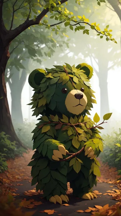 (masterpiece, best quality:1.1), (leafart, leaf:1.2), animal, solo, (bear:1.05), outdoors, branch, dryad, night