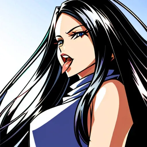 art by (DestinyChild:1.0) pho realistic, girl with very big breast and very long hair is posed in a white outfit and black shorts and a pink scarf, detailed eyes, open mouth, tongue out, nose, fingers,