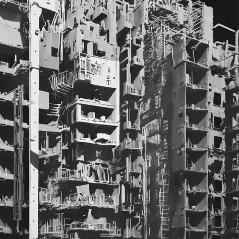 (a section of an architectural model from a city:1.2), (kit bashing:1.5), collage technique, a futuristic housing design, redshift, houdini, straight lines, collective housing, (hood140:1.5), rusty metal parts protecting the machine, concrete staircases and ramps, (cables hanging from the structure:1.3), (a lot of infrastructure like engines and ventilation build on the facades:1.4), (robotic design:1.2), (sci-fi:1.1), (4k,highly detailed:1.2), natural light, cinematic shot, kubakub , (detailed textures:1.3)