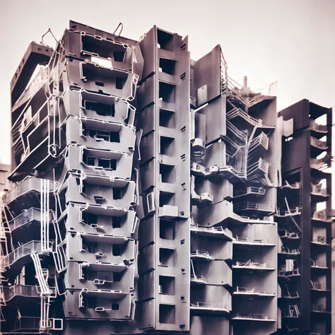 (a section of an architectural model from a city:1.2), (kit bashing:1.5), collage technique, a futuristic housing design, redshift, houdini, straight lines, collective housing, (hood140:1.5), rusty metal parts protecting the machine, concrete staircases and ramps, (cables hanging from the structure:1.3), (a lot of infrastructure like engines and ventilation build on the facades:1.4), (robotic design:1.2), (sci-fi:1.1), (4k,highly detailed:1.2), natural light, cinematic shot, kubakub , (detailed textures:1.3)