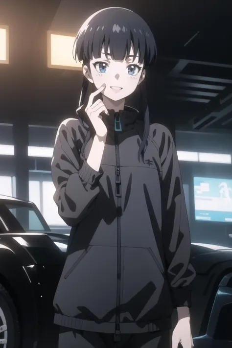 <lora:kunizuka-000007:1> kunizuka, screenshots,
1girl, solo, casual, techwear, dessert, hand on own cheek, happy