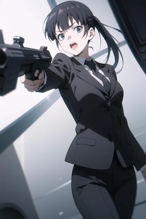<lora:kunizuka-000007:1> kunizuka,
1girl, solo, pant suit, black pants, aiming at viewer, shouting