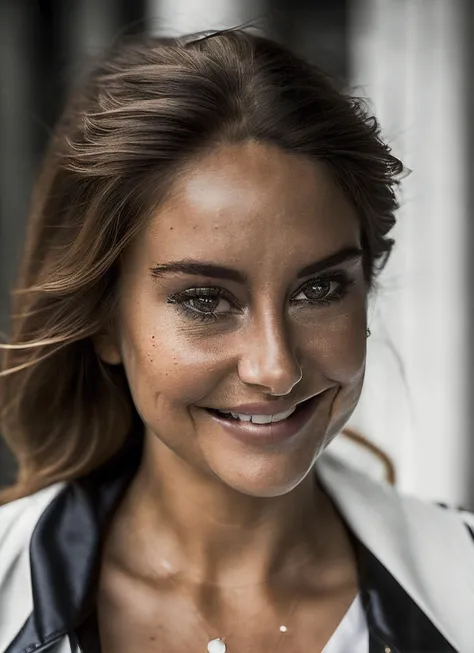 a haselblad bokeh ((photograph)) of smiling sks woman in short white top and short black leather jacket, (((cleavage))), ((high detail face)), ((perfect eyes)), high waist sweatpants, intricate, elegant, highly detailed, smooth, sharp focus, hegre, metart, 8 k , perfect hands, intricate background, <lora:locon_shailene_v1_from_v1_64_32:1.3>