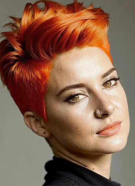 analog style, modelshoot style, portrait of sks woman by Flora Borsi, style by Flora Borsi, bold, bright colours, orange Mohawk haircut, ((Flora Borsi)), <lora:locon_shailene_v1_from_v1_64_32:1.3>