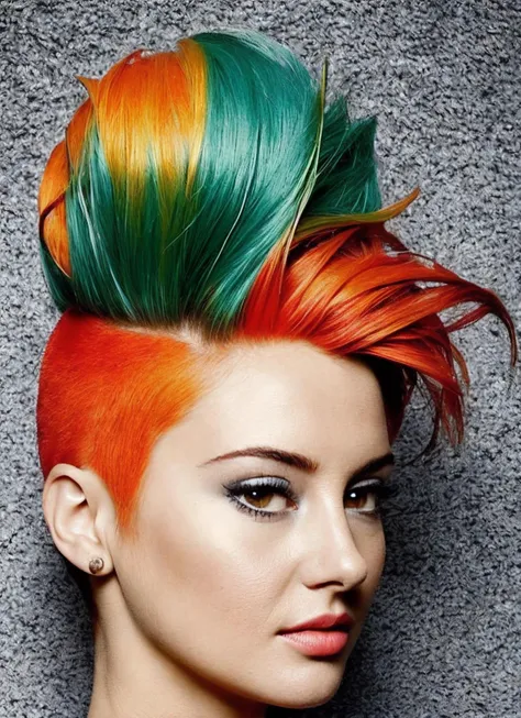 portrait of sks woman by Flora Borsi, style by Flora Borsi, bold, bright colours, orange Mohawk haircut, ((Flora Borsi)), <lora:locon_shailene_v1_from_v1_64_32:1.3>