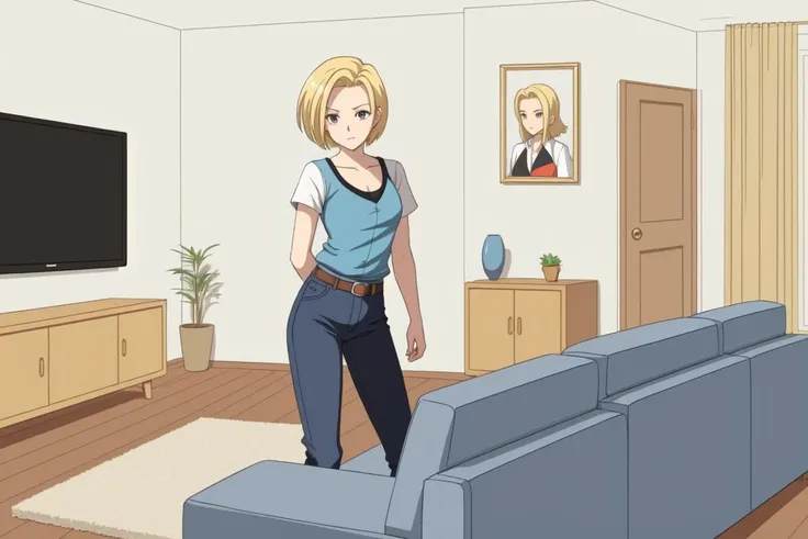 (masterpiece, best quality, anime, flat colors, ),
android 18, blonde hair, living room,