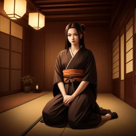 (masterpiece, best quality, photorealistic, real,  indoors, night), 
1girl, vampire, glowing eyes, dark, fangs, long black hair,  (samurai:1.3), kneeling, samurai sword, tea house, sitting,
<lora:GoodHands-beta2:0.6>