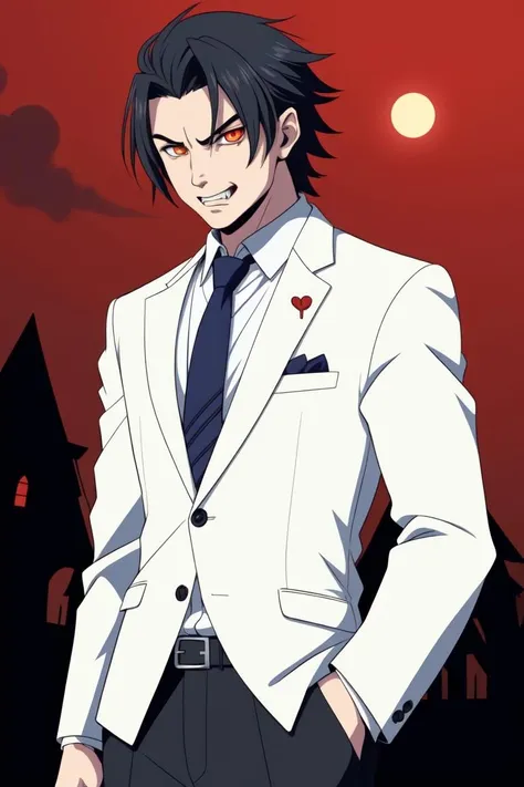 (masterpiece, best quality, anime, flat colors,  ), 
1boy, suit, tie, vampire, glowing eyes, dark, fangs,