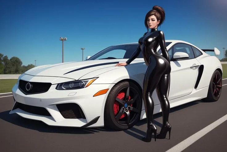 (masterpiece, best quality, 3d, blender, 4k, perfect face, photorealistic), sports car,
mature female, bent over, latex bodysuit, high heels, real,