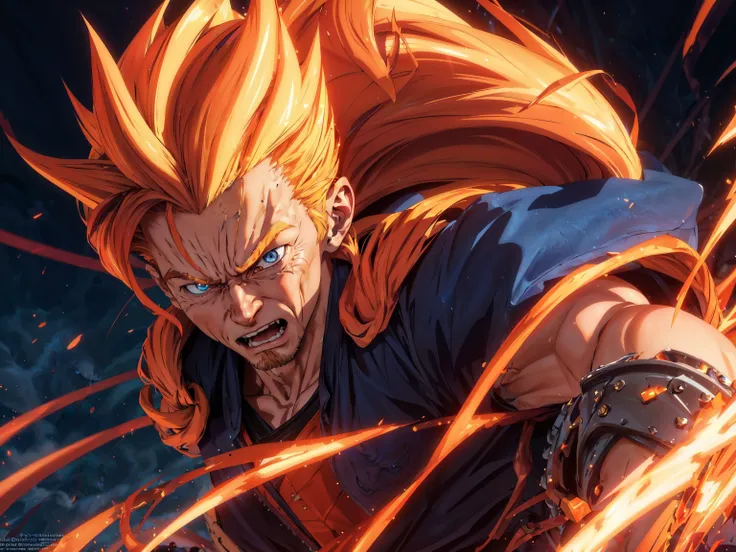photorealistic zbrush solo close-up portrait of supersaiyan willem dafoe , willedef ssj3 charging ki dougi blue footwear, crazy look, <lora:Willem_Dafoev1:1> <lora:DBKiCharge:0.3 21> <lora:SonGokusOutfit:0.21>, super saiyan 3, fighting stance, very long hair, long hair, blonde hair, spiked hair, detailed face, <lora:SuperSaiyanHair:1>, solo focus, blue eyes, electricity, volumetric light, particles