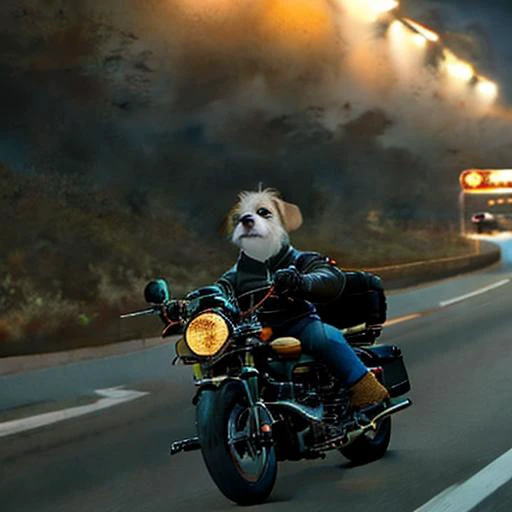 A Weshi dog driving down the highway on a motorcycle at night. Cityscape sky, riding towards the camera Professional photography ultra detailed professional lighting Fujifilm, zip, detailed zip face,  <lora:Lora_Zip:1.0> <lora:hipoly_3dcg_v7-epoch:0.8> <lora:add-detail-xl:0.8> <lora:dvr-frft:0.8> dvr-frft