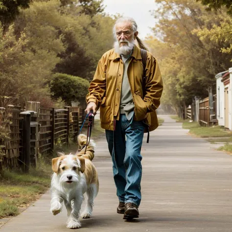 <lora:Lora_Zip:0.9> photorealistic old man with the ponytail walking his dog down the street <lora:add-detail-xl:0.8>