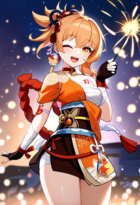 yoimiya,1girl,fireworks,solo,one eye closed,sarashi,japanese clothes,smile,bandages,kimono,tattoo,open mouth,breasts,looking at viewer,sash,hadanugi dousa,sparkler,red choker,obi,chest tattoo,orange kimono,choker,arm tattoo,rope,orange eyes,bandaged arm,hair ornament,bandaged leg,gloves,night,chest sarashi,medium breasts,shimenawa,holding,;d,night sky,orange hair,sky,fingerless gloves,standing,<lora:Yoimiya-v1.1_By_XieMo:1>,masterpiece,best quality,very aesthetic,