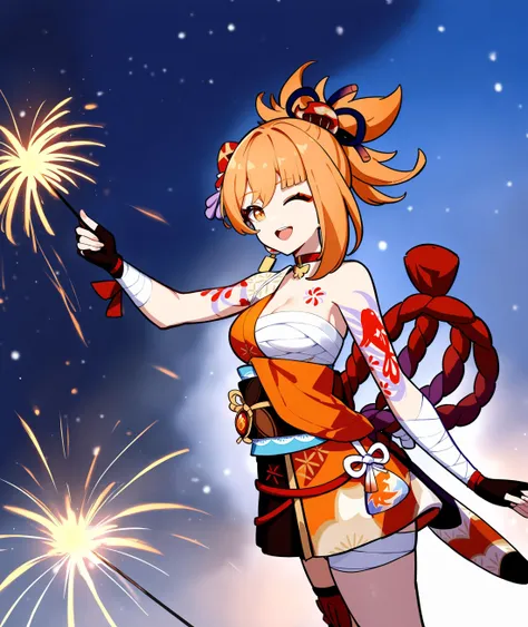 yoimiya,1girl,fireworks,solo,one eye closed,sarashi,japanese clothes,smile,bandages,kimono,tattoo,open mouth,breasts,looking at viewer,sash,hadanugi dousa,sparkler,red choker,obi,chest tattoo,orange kimono,choker,arm tattoo,rope,orange eyes,bandaged arm,hair ornament,bandaged leg,gloves,night,chest sarashi,medium breasts,shimenawa,holding,;d,night sky,orange hair,sky,fingerless gloves,standing,<lora:Yoimiya-v1.1_By_XieMo:1>,masterpiece,best quality,very aesthetic,