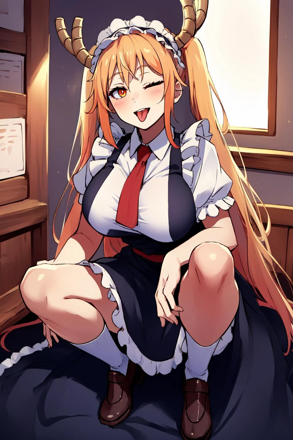 (masterpiece, best quality), intricate details,
1girl, <lora:TohruDragonMaid_NDV-10:0.8> TohruDragonMaid_NDV, 1girl, blonde hair, large breasts, long hair, horns, multicolored hair, maid dress, maid hat, slit pupils, orange eyes
<lora:ddw_v1:0.8> (wink:1.1), tongue out, one eye closed, <lora:leftwink_v120:0.8> one eye closed, wink