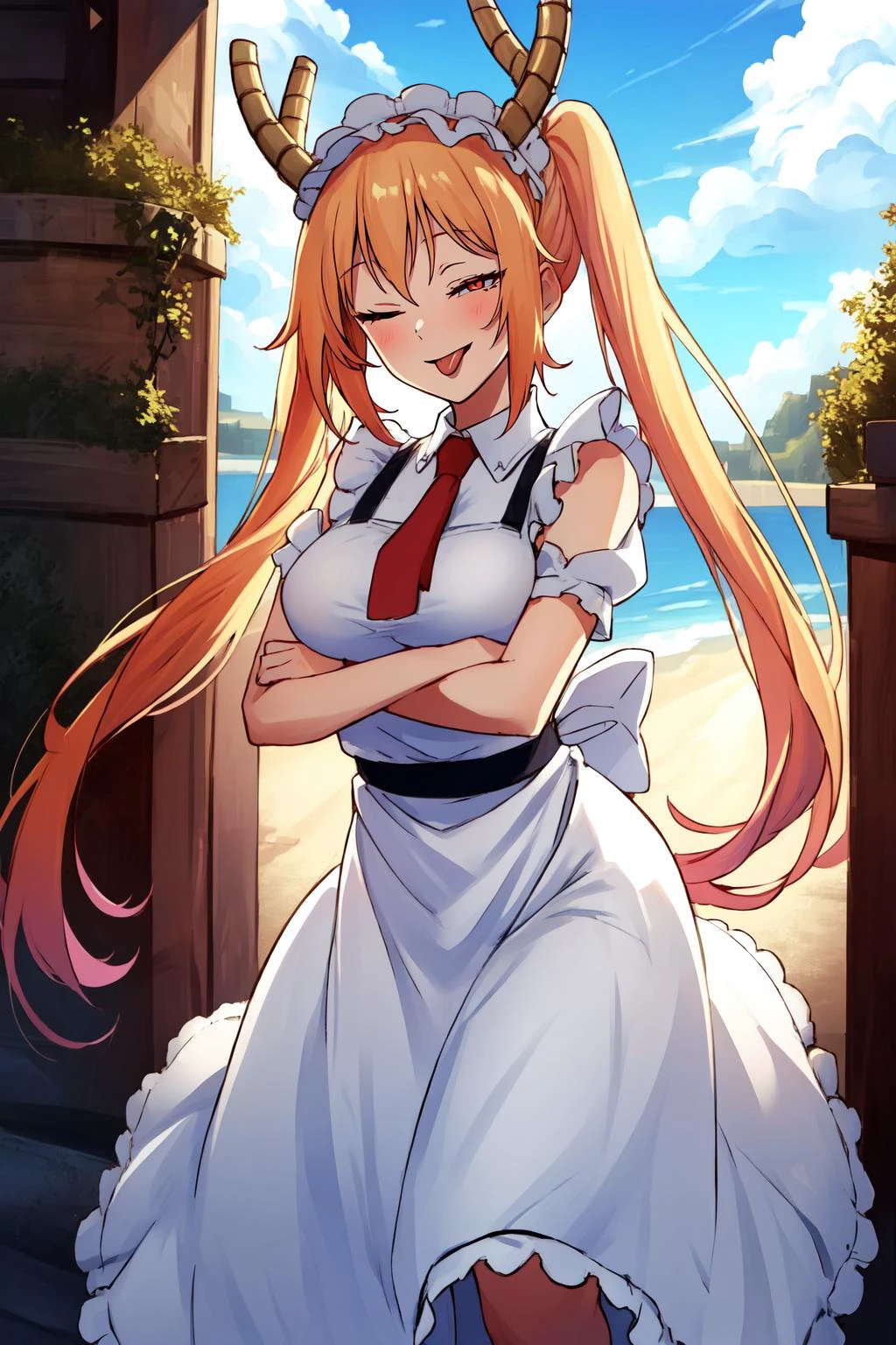 (masterpiece, best quality), intricate details,
1girl, <lora:TohruDragonMaid_NDV-10:0.8> TohruDragonMaid_NDV, 1girl, blonde hair, large breasts, long hair, horns, multicolored hair, maid dress, maid hat, slit pupils, orange eyes
<lora:ddw_v1:0.8> (wink:1.1), tongue out, one eye closed, <lora:rightwink_v120:0.8> one eye closed, wink